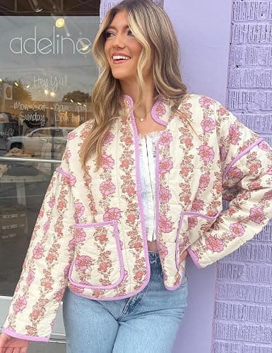 Yimoon Women's Cropped Puffer Quilted Jacket Vintage Floral Print Open Front Lightweight Short Jacket Outwear thumbnail 3