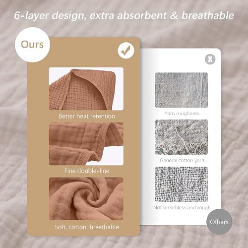 SWEET DOLPHIN Muslin Hooded Baby Bath Towels - 2 Pack 100% Cotton Towel for Babies, Infants, Toddlers - 32x32Inch - Highly Absorbent and Newborn Essential, Light Bean Paste thumbnail 7
