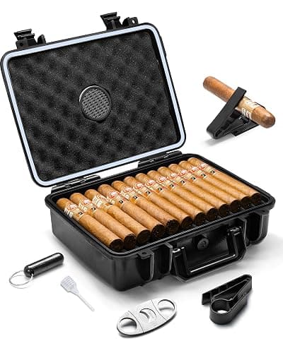 Flauno Travel Cigar Humidor - Large Portable Travel Humidor kit with Humidifier, Cigar Cutter, Cigar Punch, Cigar Holder, Waterproof & Crushproof, Airtight Seal Cigar Case, Holds up to 36 Cigars - Image 1