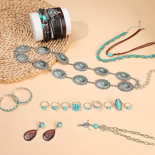 Zhamate Western Jewelry Set - Boho Turquoise Dangle Earrings Necklace Faux Leather Bracelet Ring with Concho Belt for Women thumbnail 7