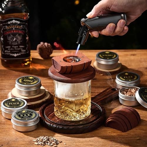 Whiskey Smoker Kit with Torch - 6 Flavors Wood Chips, 2 Glasses, 2 Ice Ball Molds - Cocktail Smoker Infuser Kit, Old Fashioned Drink Smoker Kit, Birthday Bourbon Whiskey Gifts for Men,Dad(NO Butane) thumbnail 2