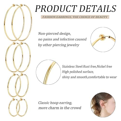Magitaco 8 Pairs Clip On Hoop Earrings Stainless Steel Clip On Earrings for Women Fake Hoop Earring Spring Hoop Earring For Non-Pierced Ears thumbnail 7