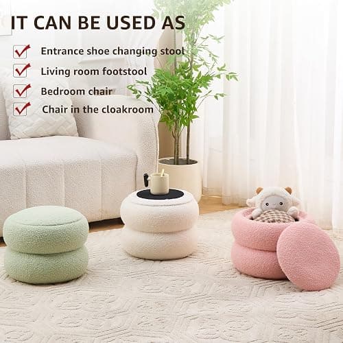 Mxfurhawa Storage Ottoman,Soft Teddy Velvet Upholstered Footrest,Mordern Round Footstool with Biscuits Shape,Side Tabble and Plant Stands for Living Room,Hallway,Bedroom (White) thumbnail 7