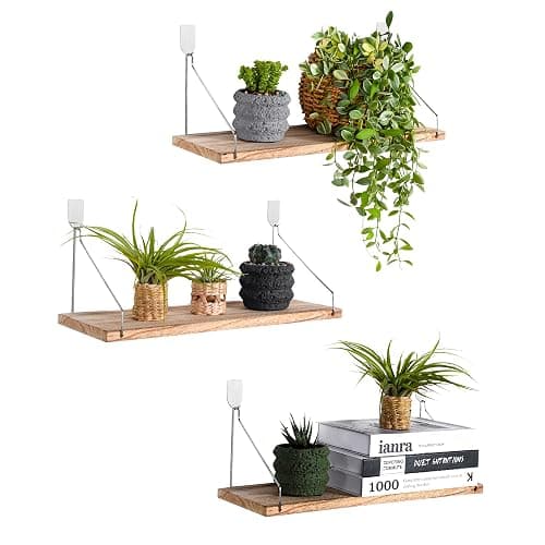 MITIME Floating Shelves Set of 3 Rustic Solid Wood Floating Shelf Wall Storage Shelves for Living Room, Bedroom, Bathroom, Kitchen Laundry, Office,no Drill Shelf(Light Color L+L+L) - Image 1