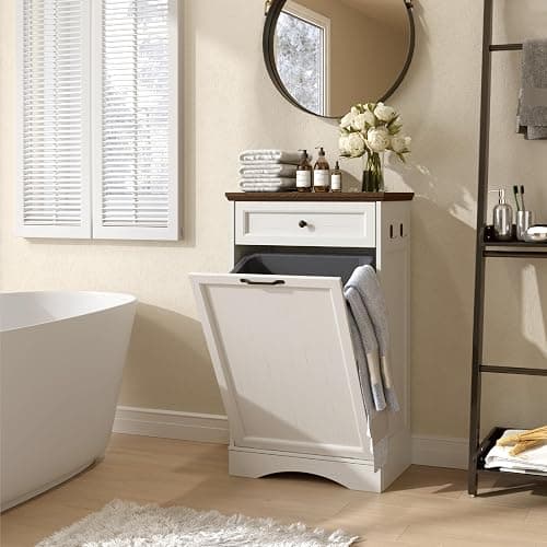 NEWOWNDS Tilt Out Trash Can Cabinet 13 Gallon Hidden Trash Garbage Can Cabinet with Drawer,Waterproof Cutting Board,Pet Proof Hidden Garbage,Laundry Bathroom, White thumbnail 6