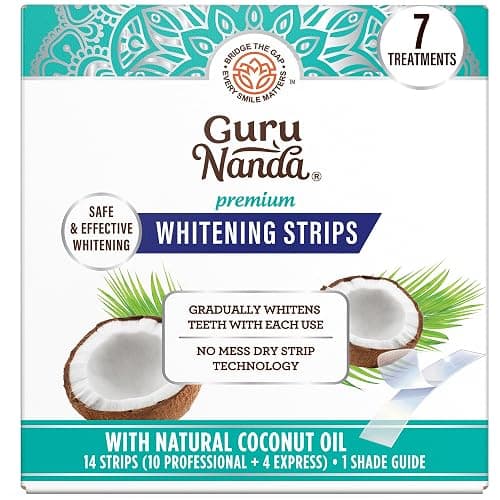 GuruNanda Teeth Whitening Strips - 4X Whiter Teeth, 7-Day Whitening Kit | Non-Slip 4 Layer Dry Strip Technology|With Coconut Oil|Promotes Brighter Smile|Gentle on Enamel|Easy to Apply Teeth Whitener - Image 1