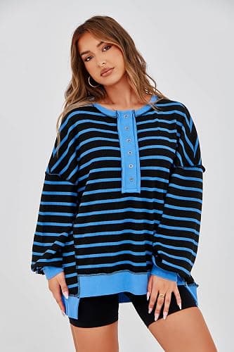 Tankaneo Womens Oversized Striped Sweatshirts Henley Shirts Color Block Casual Pullover Waffle Knit Tops thumbnail 2
