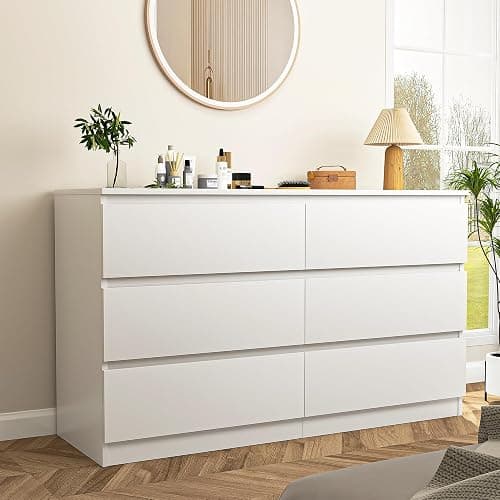 Vibe & Dine White Dresser 6 Drawer, Modern Double Dresser for Bedroom, Wood Chest of Drawers with Wide Storage for Living Room thumbnail 4