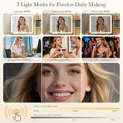 Memobarco Fluted Vanity Desk with Mirror and Lights, Small Makeup Vanity with 2 Drawers and Jewelry Storage Cabinet, 3 Lighting Modes Adjustable Brightness, Dressing Table for Bedroom - Natural Oak thumbnail 4