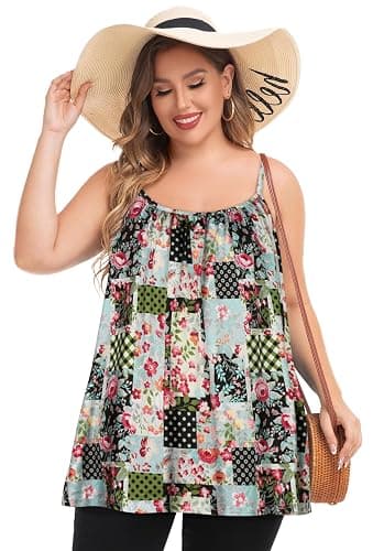 Plus Size Tank Tops for Women Boho Floral Loose Cami Spaghetti Strap Tunic Blouses thumbnail 2