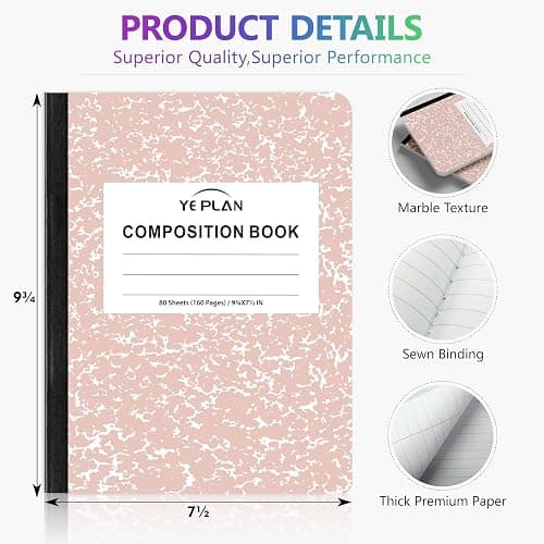 Yeplan Composition Notebooks 4 pack, Wide Ruled Notebook Paper, 9 3/4" x 7 1/2", 80 Sheets/160 Pages, Aesthetic Marble Composition Notebook for School & Office Supplies (4, Pastel Marble Colors) thumbnail 2