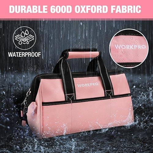 WORKPRO 13-Inch Tool Bag, Pink Soft Cloth Tool Storage Bags, Wide Mouth Tool Tote Bag with Inside Pockets - Pink Ribbon thumbnail 6