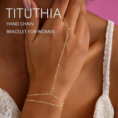 Tituthia Gold Bracelets for Women Trendy, Dainty Gold Hand Chain Bracelet Stack 14k Gold Plated Finger Ring Bracelet Hand Chain Cz Layered Beaded Gold Bracelets for Women Non Tarnish Gold Jewelry Gift thumbnail 4