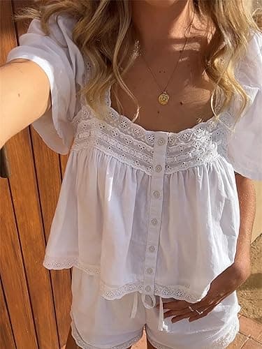 Women Lace Trim Flowy Shirt Y2k Half Short Sleeve Ruffle Low Cut Babydoll Tops Boho Cute Fairy Going Out Streetwear thumbnail 6