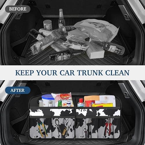 Femuar Car Trunk Organizer, Cow Print, Vintage Style, 52L Capacity, 4 Compartments, Waterproof, Non-Slip, Collapsible, 22.5"D x 18"W x 10.8"H thumbnail 5