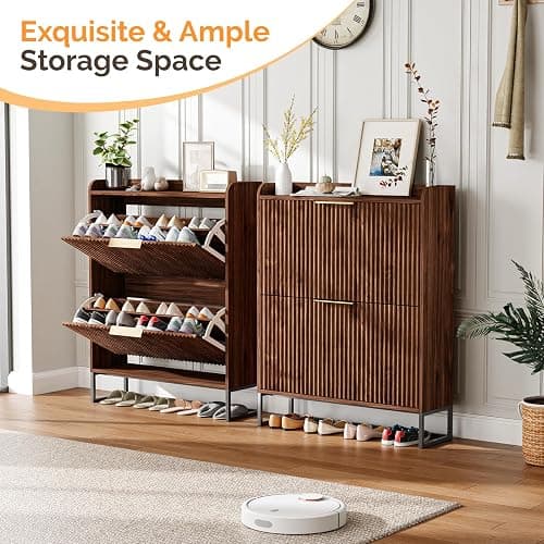 VINGLI Fluted Shoe Cabinet Storage for Entryway,Hidden Shoes Storage Cabinet with 2 Flip Drawers, Mid Century Modern Shoe Rack Organizer,Free Standing Shoes Organizer for Hallway(Dark Walnut) thumbnail 3