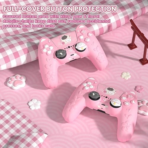 PlayVital for PS5 Controller Cover Skin - Cherry Blossoms Kitten Anti-slip Grip Skin with Thumb Grip & Sticker - Soft Rubber Protector for PS5 Controller Accessories - Pink thumbnail 5