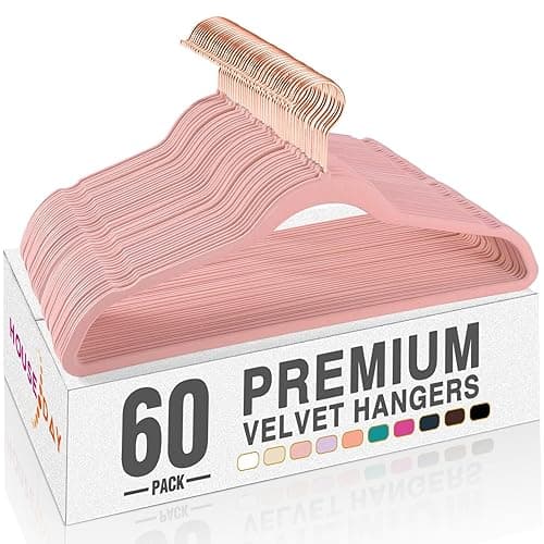 HOUSE DAY Pink Velvet Hangers 60 Pack, Premium Non-Slip Felt Clothes, Sturdy Heavy Duty Coat, Durable Hangers for Suits, Space Saving with No Hanger Mark, 360° Swivel Rotating Rose Gold Hook - Pink - 60 Pack