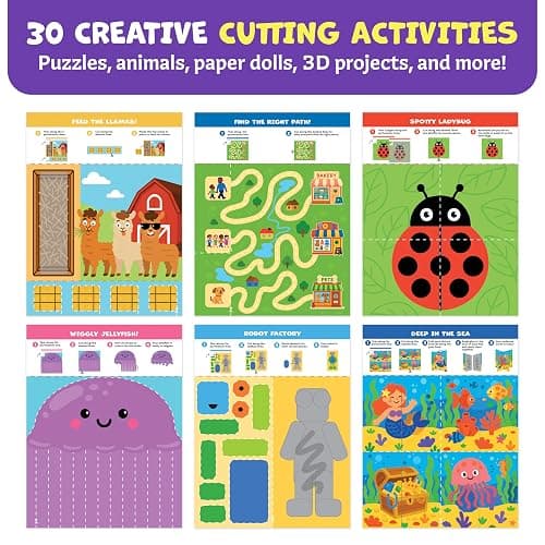 Snip & Shape Scissor Skills Activity Book with Toddler & Kids Scissors 3-5 | 30 cutting crafts for fine motor skills, 2x childrens safety scissors, kindergarten & preschool learning activity workbook thumbnail 3