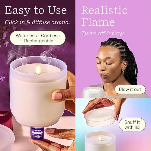 Lifelines Flameless Candle Aromatherapy Essential Oil Diffuser with 2 ClickWick Essential Oil Blends - Cordless & Waterless Diffuser for Home - Scented Electric Candles Blow Out Flame - Frosted Cream thumbnail 3