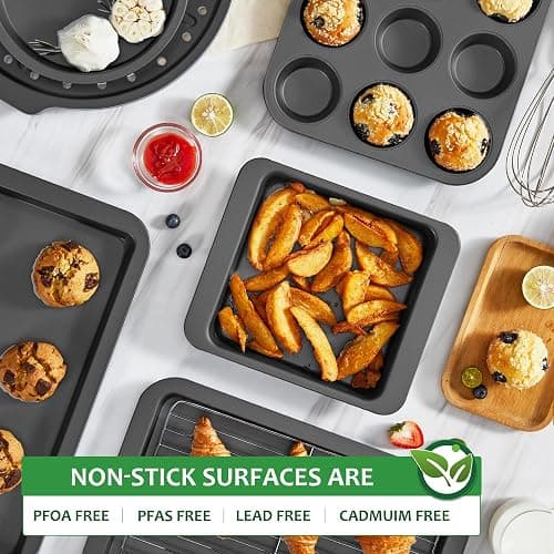 HONGBAKE Bakeware Sets, Baking Pans Set, Nonstick Oven Pan for Kitchen with Wider Grips, 10 Pieces Including Rack, Cookie Sheet, Cake Pans, Loaf Pan, Muffin Pan, Pizza Pan - Grey thumbnail 5