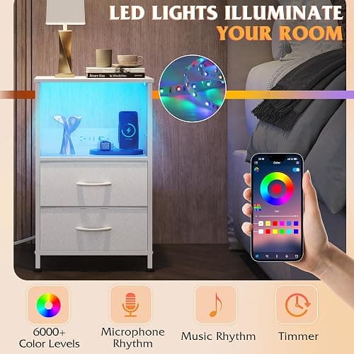WLIVE White Night Stand with Charging Station, LED Nightstand with 2 Fabric Drawers and Storage Shelf, Dorm Bedside Table End Table with 2 USB Ports and Outlets, Small Dresser for Bedroom thumbnail 4