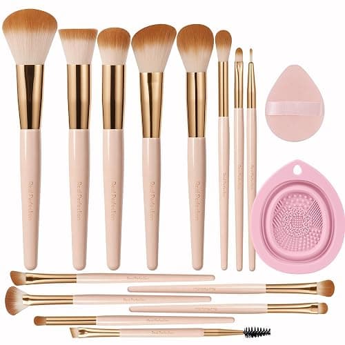 Real Perfection Makeup Brushes Set 14 Pcs with 1 Foldable Silicone Cleaner Bowl and 1 Powder Puff, Professional Foundation Eyeshadow Concealer Blush Powder Bronzer Make up Brushes Kit - Pink - Image 1