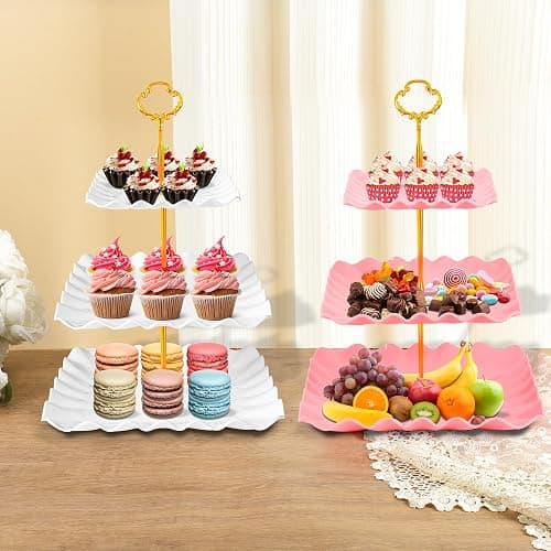 10 Pack Dessert Table Display Set, 4 Three-Tier Square Cupcake Stands and 6 Serving Trays for Cakes, Cupcakes, Pastries and Snacks, Baby Shower Decorations, Bridal Shower, Birthday, Wedding Party thumbnail 2