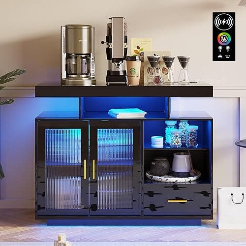 HNEBC LED Sideboard Buffet Cabinet with Charging Station, Smart Bar Cabinet with Auto RGB Lighted, High Gloss Coffee Bar with Drawer/Hutch for Living Room, Dining Room, Home Storager(Black) thumbnail 10