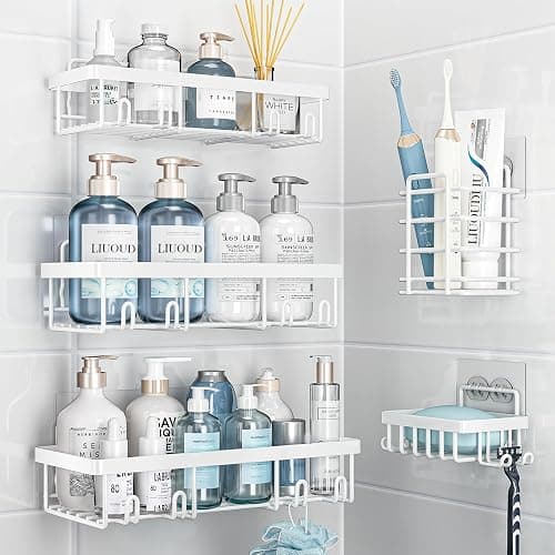 Liuoud 5 Pack Shower Caddy Organizer Rack Shelf for Inside Shower, Self Adhesive Wall Storage Basket Rustproof Stainless Steel Shampoo Holder Bathroom Accessory Decor Set, White - Image 1