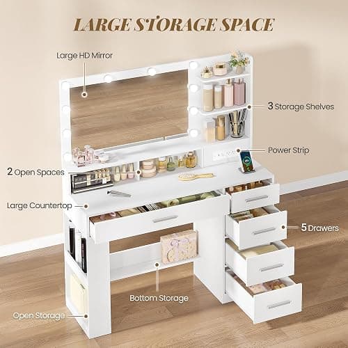 HEXCELEN Vanity Desk, with LED Light, Makeup Vanity with Mirror, Dressing Table with Power Strip, 6 Shelves, 5 Drawers and Open Side Storage, Simple, White thumbnail 3