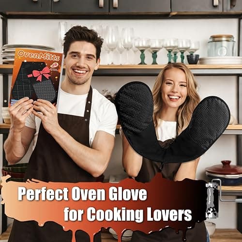 Oven Gloves Heat Resistant, Anti-Slip Silicone Oven Glove for Cooking | Black Double Oven Gloves, Heat Proof Gloves, Silicone Oven Mitts Featuring Breathable Cotton Lining for Dessert Making, BBQ thumbnail 7