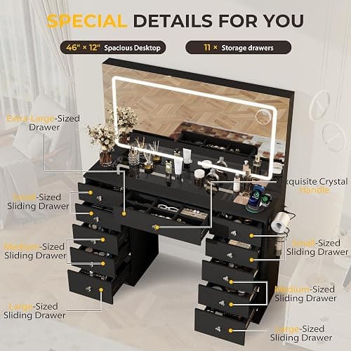Otterease Vanity Desk with Mirror and Lights, 11 Drawers Makeup Vanity Desk with Tempered Glass top, 3 Lighting Modes Adjustable Brightness, Black Vanity with Magnetic 5X Magnifier for Bedroom thumbnail 3