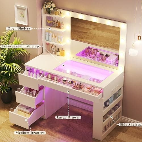 HUAHUU Vanity Desk with Lighted Mirror & Transparent Top, Makeup Vanity Desk with 4 Transparent Drawers and RGB Lighting, Built-in Power Outlet, 3-Tier Side Shelves & Storage Organizer for Bedroom thumbnail 4
