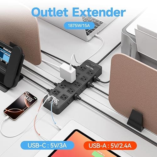 Solidock 20 Outlet Power Strip with USB C,6Ft Extension Cord with Multiple Outlets, 2700 Joules Surge Protector,1875W/15A, ETL Listed for Home Office Dorm Gaming thumbnail 5