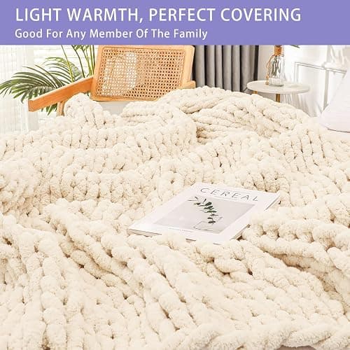 Bigacogo Chunky Knit Throw Blanket for Couch, 40x60 inches, 100% Hand Knitted with Thick Jumbo Chenille Yarn, Cozy Soft Large Rope Knot Cable Crochet Blankets for Sofa Bed Living Room, Beige thumbnail 3
