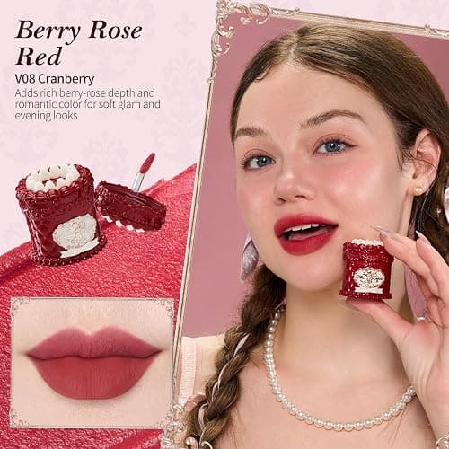 Flower Knows Strawberry Cupid Cake Lip Cream, Berry Rose Red | Velvet Matte Lip Color, Transfer-Resistant Lightweight Hydrating Formula, Vegan (V08 Cranberry) thumbnail 2