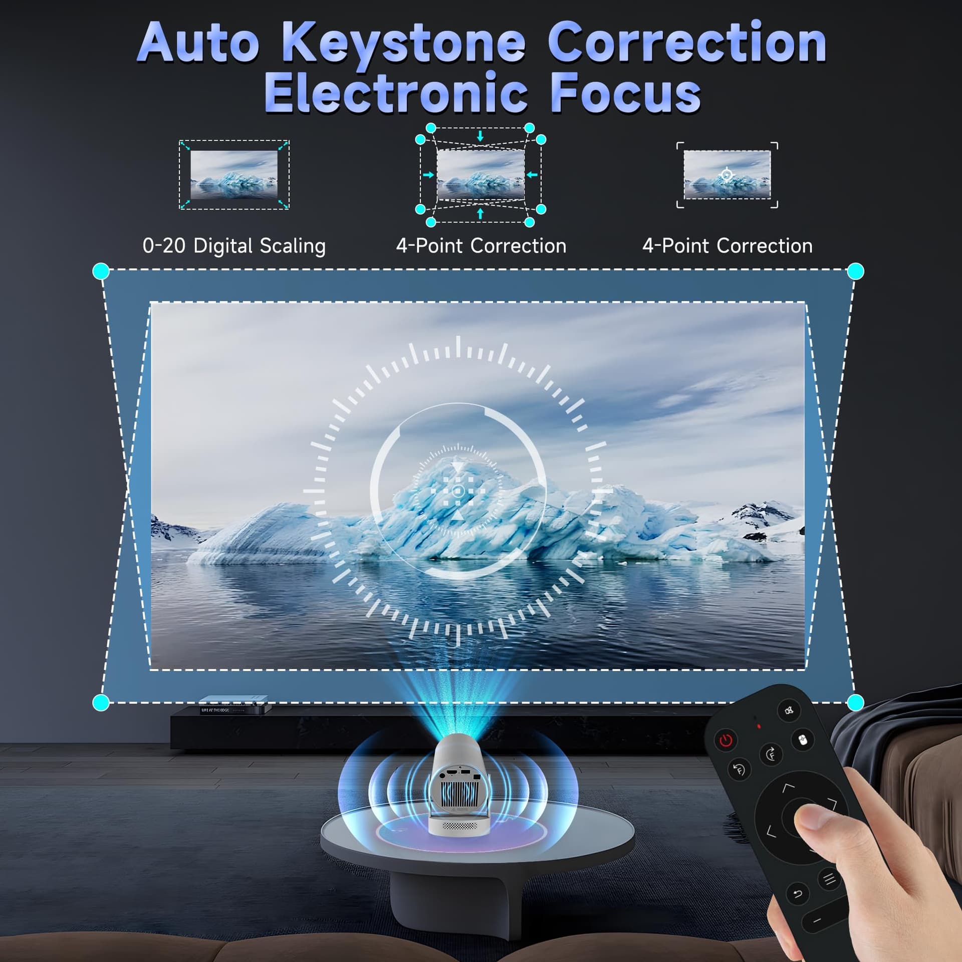 Mini Projector 1080P/4K Support, [Electronic Focus & Built-in App] Portable Projectors with WiFi 6 and Bluetooth 5.4, 5W Hi-Fi Speaker, Auto Vertical Keystone 180°Rotatable Projector Home Theater thumbnail 2
