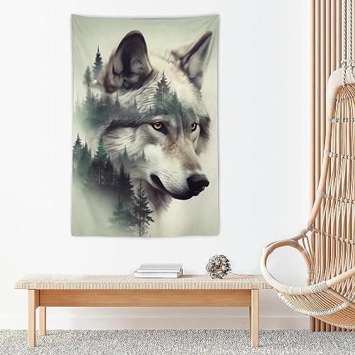 ANMOGID Wolf Tapestry for Bedroom Aesthetic, Mountain Wall Hanging Art, Wolf Decor Wall Art for Living Room Dorm Party Home Decoration 60"x40" thumbnail 5