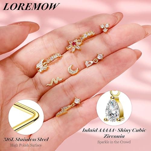 LOREMOW 25Pcs 20G Gold Dangle Nose Ring for Women Men Surgical Steel L Shaped Nose Stud CZ Flower Teardrop Dangling Nose Rings Moon Star Nose Rings Hoop Hypoallergenic Cross Heart Butterfly Dangle Nose Piercing Jewelry thumbnail 3