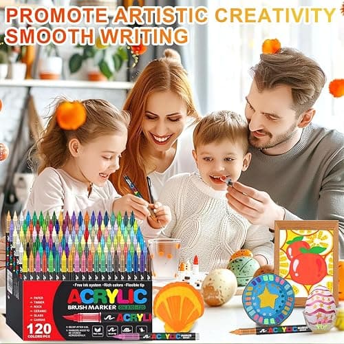 Laconile 120 Couleurs Feutre Acrylique, Stylos Acryliques à Pointe Pinceau pour le Coloriage Adulte ，Acrylic Paint Markers pour Coloriage, Calligraphie, Bois, Toile, Verre, Céramique thumbnail 8