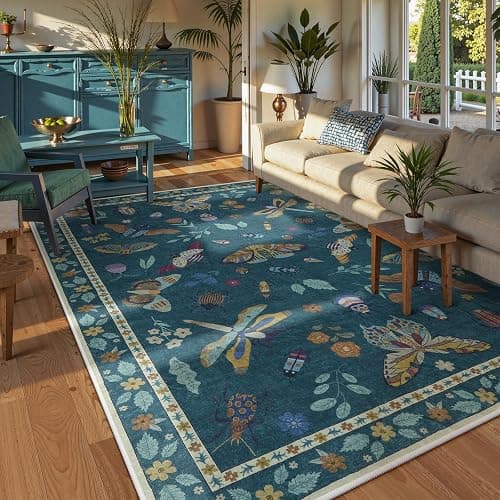 Lahome Insect Print Washable Rugs for Living Room, Soft Area Rug 6x9 Rug for Bedroom Ultra-Thin Dining Room Rug, Stain Resistant Large Carpet for Office Nursery Vionnet(6'x9',Dark Green) - Image 1