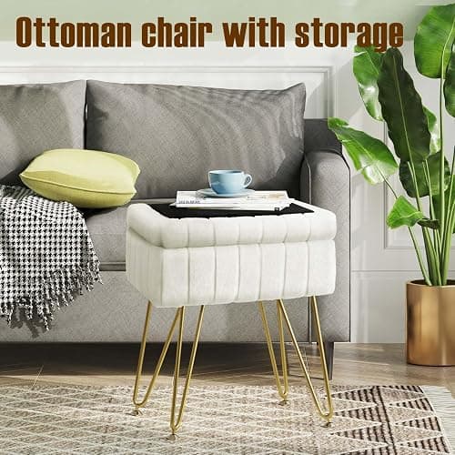 Greenstell Vanity Stool Chair Faux Fur with Storage, 15.7"L x 11.8"W x 19.4"H Soft Ottoman 4 Metal Legs with Anti-Slip Feet, Furry Padded Seat, Modern Multifunctional Chairs for Makeup, Bedroom White thumbnail 6
