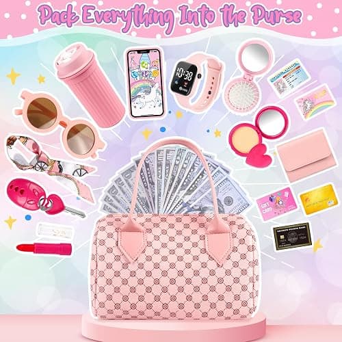 Oisacirg Play Purse 32PCS with Watch Makeup, Princess Toys for Girls 3-12 | Handbag, Phone, Bottle, Scarf Makeup Kit for Princess Role Play, Birthday Party, Mom-Daughter Fun, Multi-Scene Pretend Play thumbnail 2