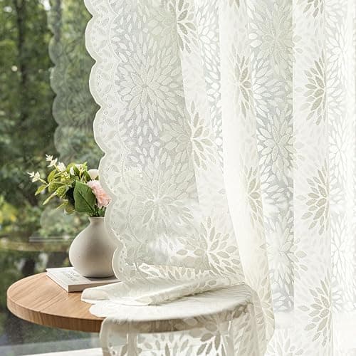 MIULEE Vintage Floral Scalloped Lace Curtains 2 Panels, Ivory 52" W x 63" L | Victorian Decorative Design, Short Semi Sheer Curtains, Light Filtering Rod Pocket Panels for Bedroom Living Room - Image 1