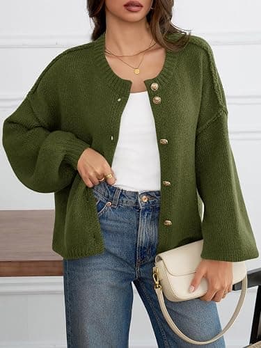 Saodimallsu Womens Oversized Cardigans Button Up Long Lantern Sleeve Chunky Knit Casual Soft Fall Sweater Coats thumbnail 2