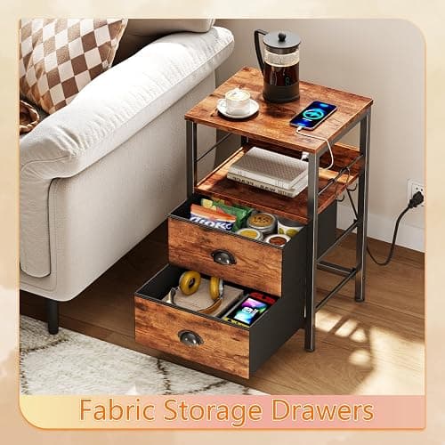 Furologee End Table with Charging Station, Nightstand with Fabric Drawers, Side Table with USB Ports & Outlets, Night Stand with Storage Shelf & Hooks, for Living Room/Bedroom, Rustic Brown thumbnail 6