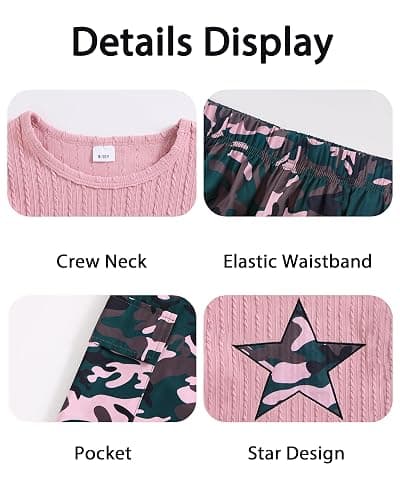 EVIRWZIA Girls Clothes 2 Piece Clothing Set Long Sleeve Ruched Ribbed Shirt Top Camo Cargo Pants Tween Girl Fall Outfit thumbnail 4