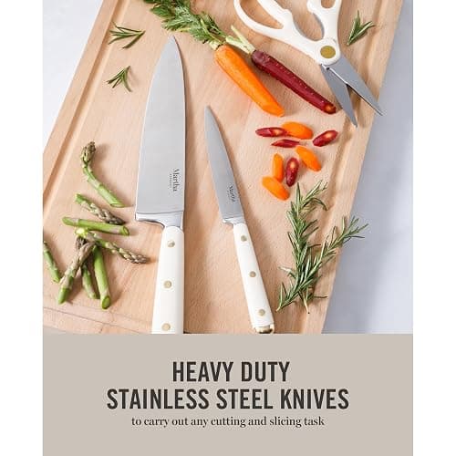 Martha Stewart 16 Piece Lockton High Carbon Stainless Steel Cutlery Kitchen Knife Block Set W/ABS Tripe Riveted Forged Handle Acacia Wood Block - Linen White W/Gold thumbnail 4