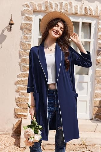 Ekouaer Women Robes Shawl Collar Bathrobe Short Kimono Robe Soft Knit Bathrobes Ladies Sleepwear with Pockets S-XXL thumbnail 4
